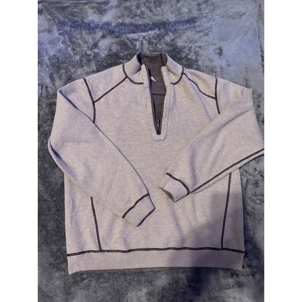 Tommy Bahama Mens Tan Brown Ribbed Quarter Zip Pullover Sweatshirt